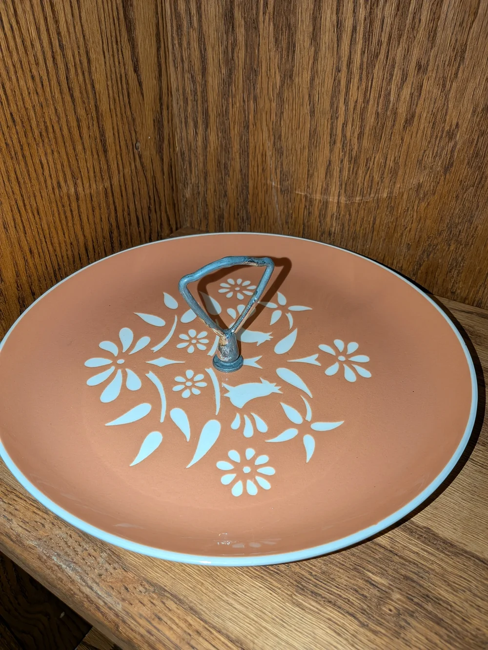 Terracotta Floral Two-Tier Plate with Silver Handle